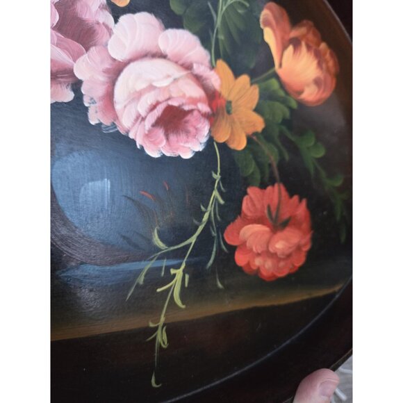 Handpainted Vintage Floral Tray Moody Dark Still Life Roses Tulips - Picture 4 of 10